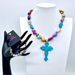 Chunky Colored Magnesite Beaded+Turquoise Cross Pendant Necklace & NWT Bracelet